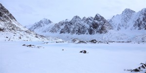 15-04-13: At the terminus of Tryggvebreen glacier. We found both polar bear and snow scooter tracks from here.